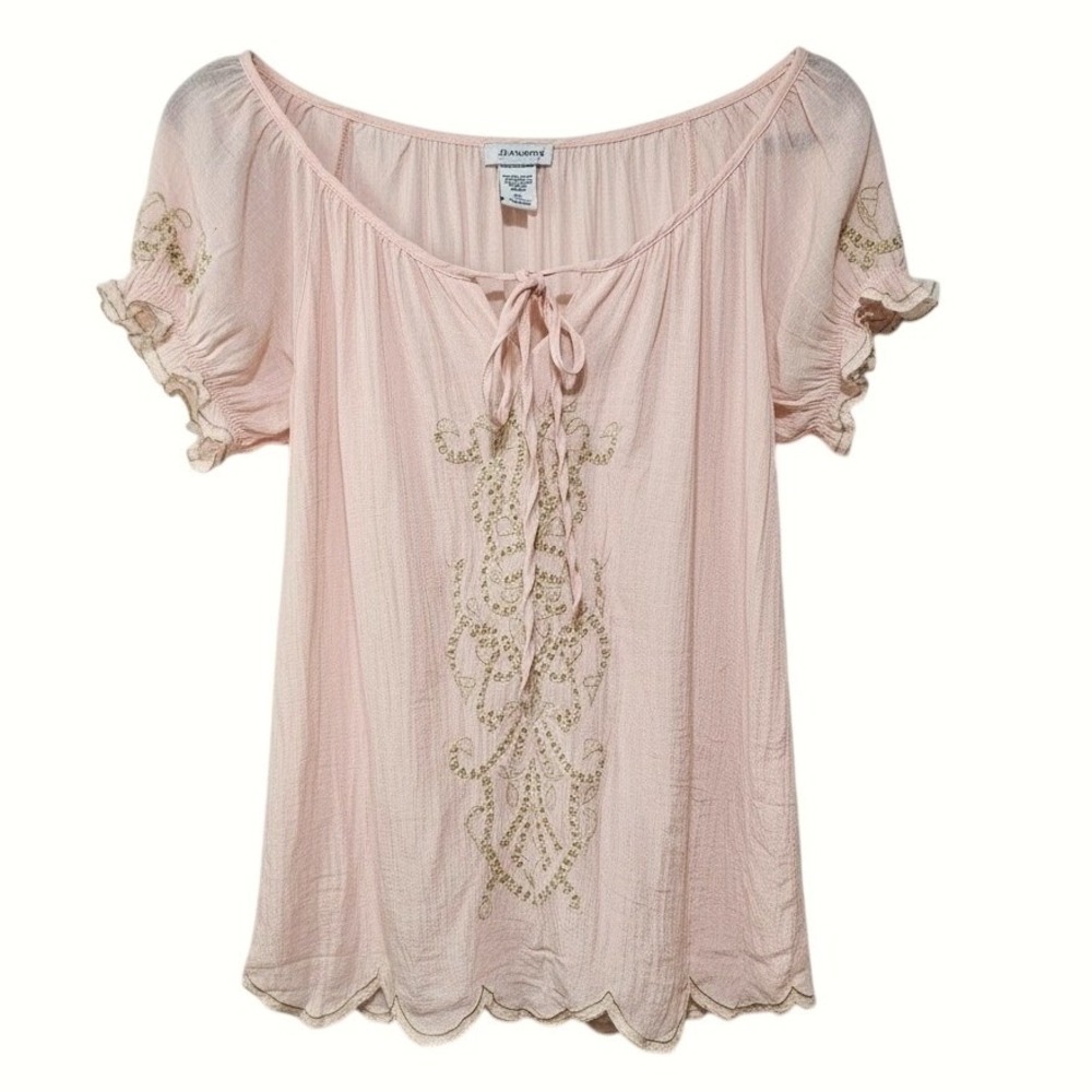 Sisters Pink Embroidered Scalloped Peasant Blouse XL Boho Cottagecore Top